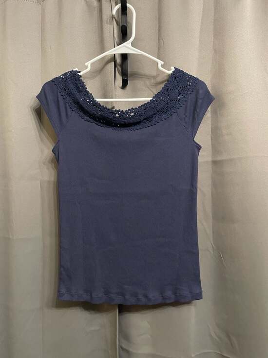 Lauren Ralph Lauren Tops - Lauren Ralph Lauren Navy Blue Ribbed Cotton Top with Crochet Lace Collar